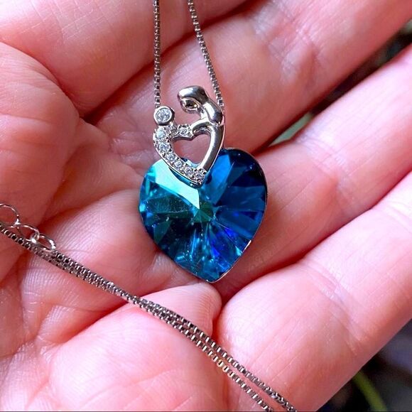 Mother Child Heart of the Ocean Crystal Sterling Silver Necklace - Picture 5 of 6